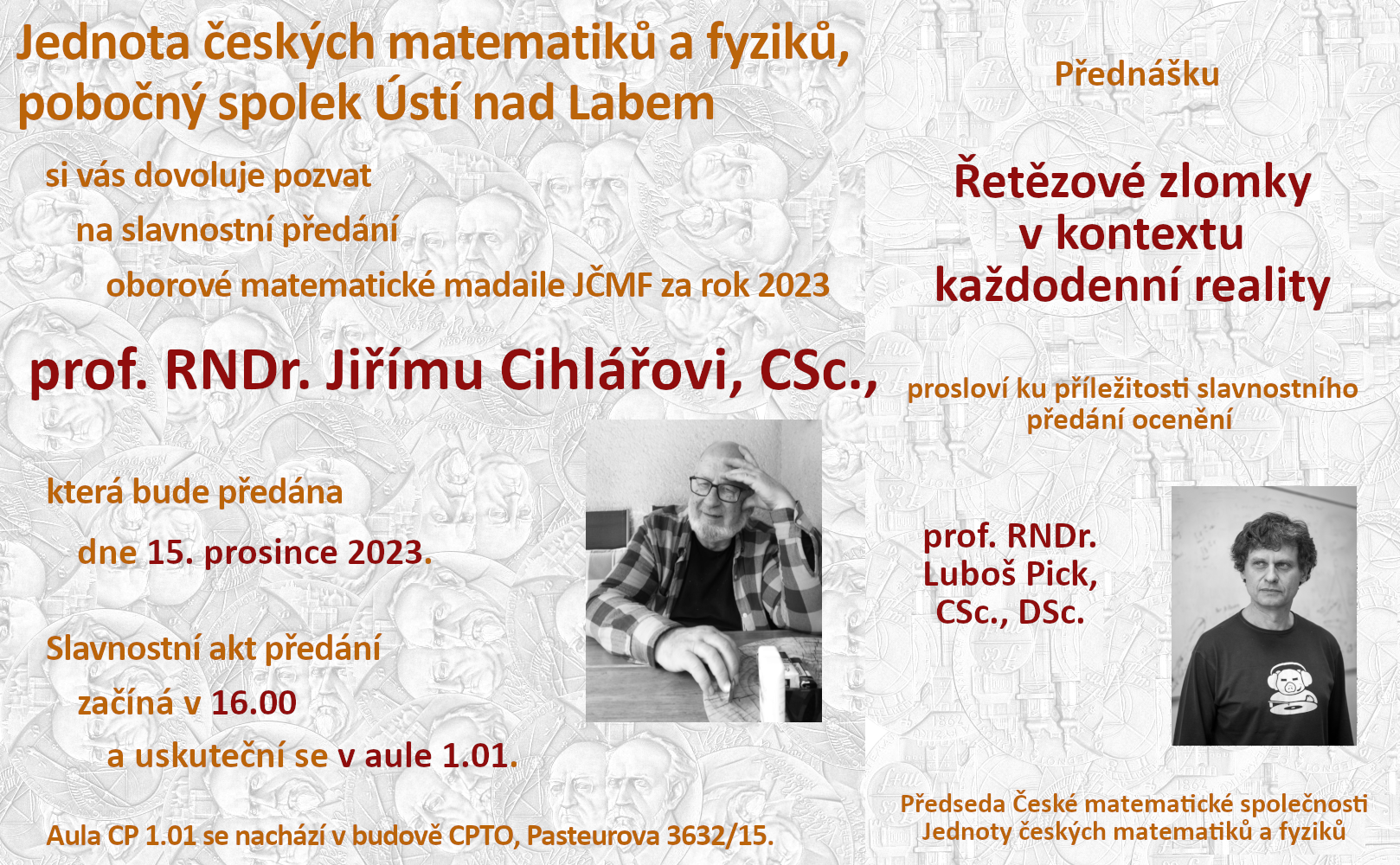 plakát s pozvánkou na předání medail prof. Cihlářovi